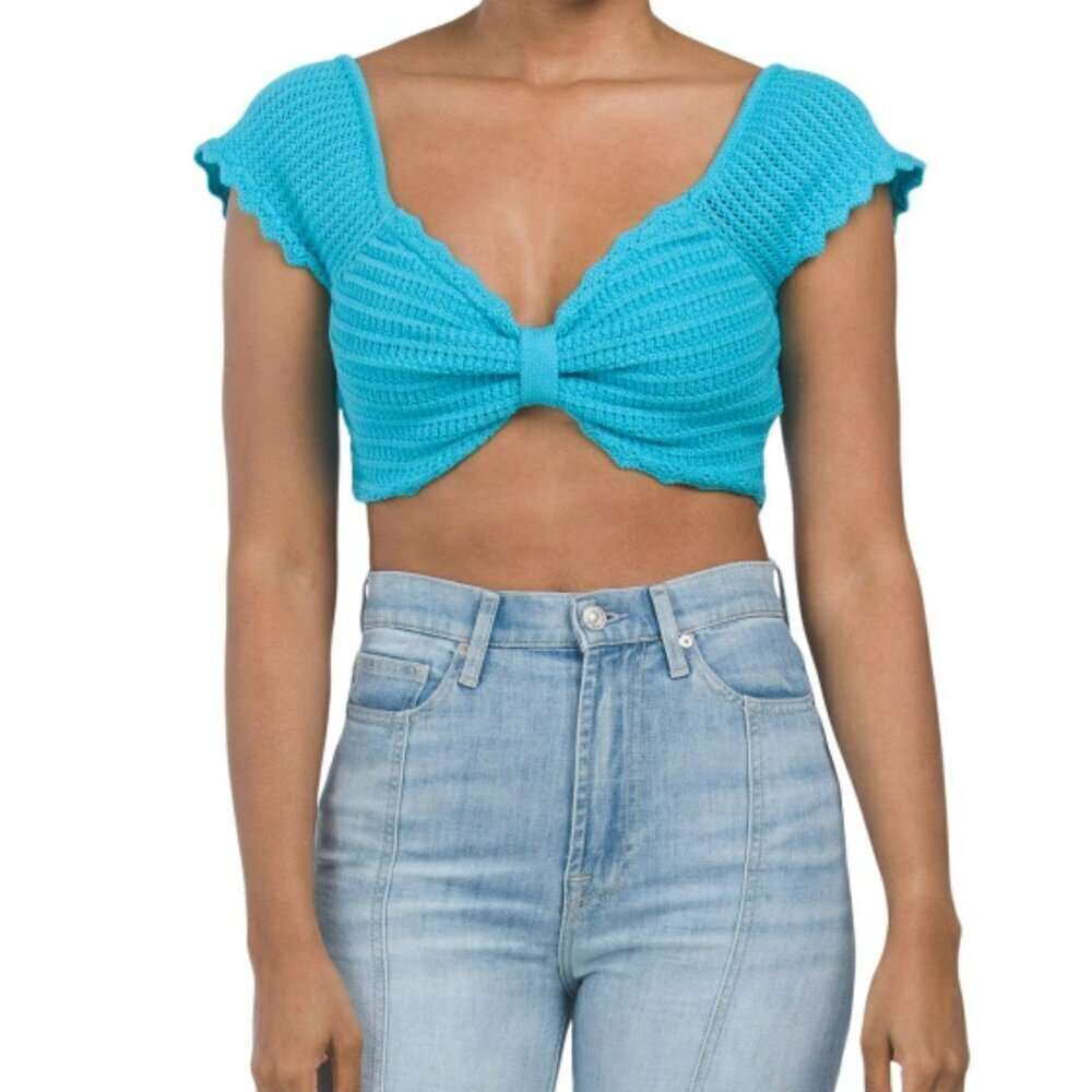 NWT ENDLESS ROSE Women's Bow Detail Cotton Blend Crochet Crop Top